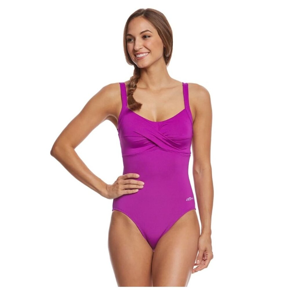 Dolfin Aquashape Swimsuit Womens 22 Purple‎ One Piece Bust Enhancer Twist Front